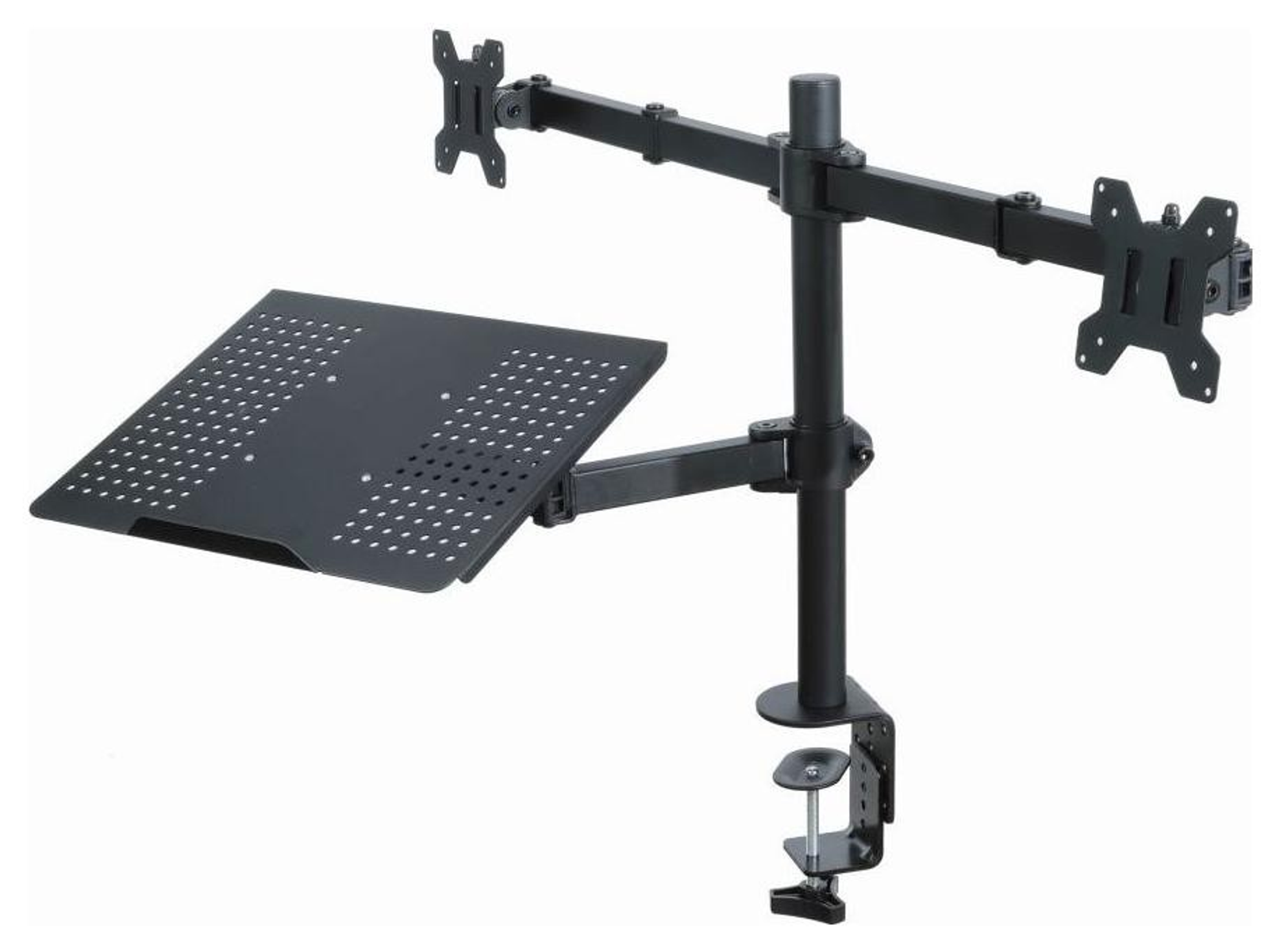 Ein schwarzer Monitorständer. Er hat einen Sockel und zwei Arme, einen für einen Laptop und einen für zwei Monitore.