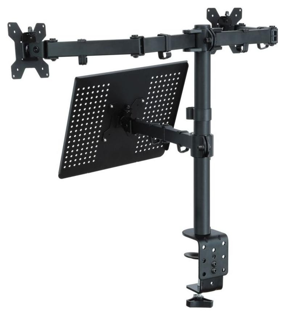 Schwarzer Monitorständer mit Laptopablage. Mit Tischklemmenfuß und schwarz.