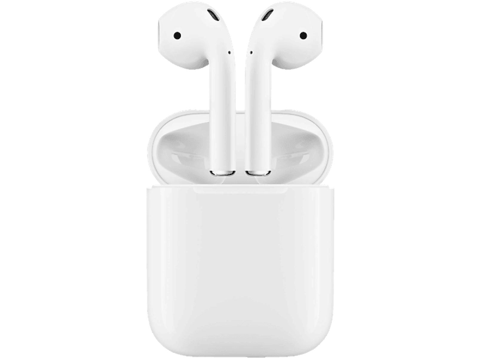 Weiße AirPods im Ladecase, offen, auf schwarzem Hintergrund.
