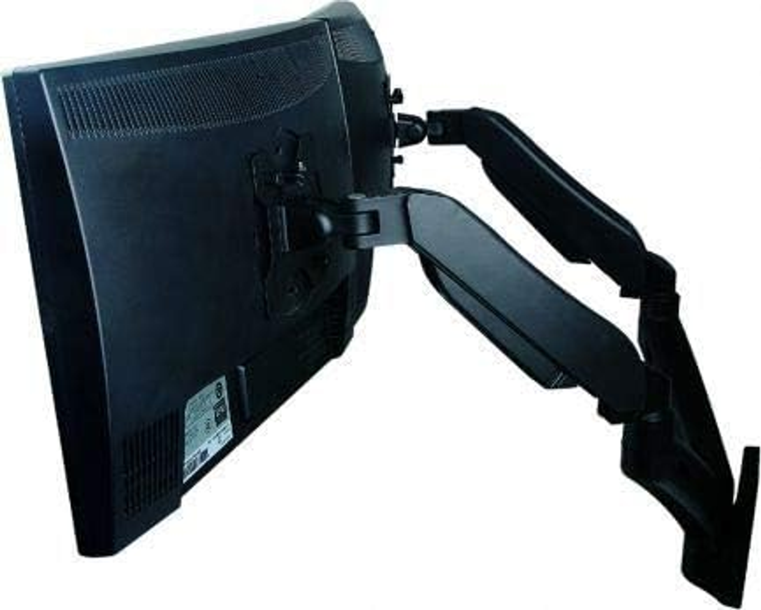 Schwarzer Computermonitor, der an einer flexiblen Armhalterung befestigt ist.