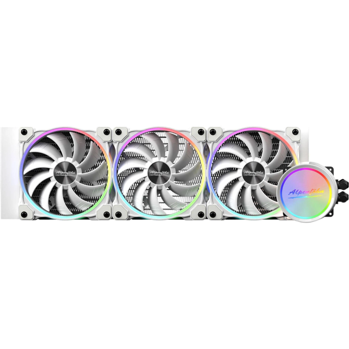 Drei weiße Lüfter mit RGB-Beleuchtung, horizontal angeordnet. Ein vierter kleiner Lüfter befindet sich rechts.