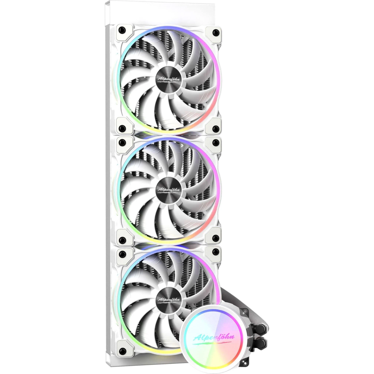Drei Ventilatoren in einer Reihe mit bunten Lichtern und einer Pumpe.