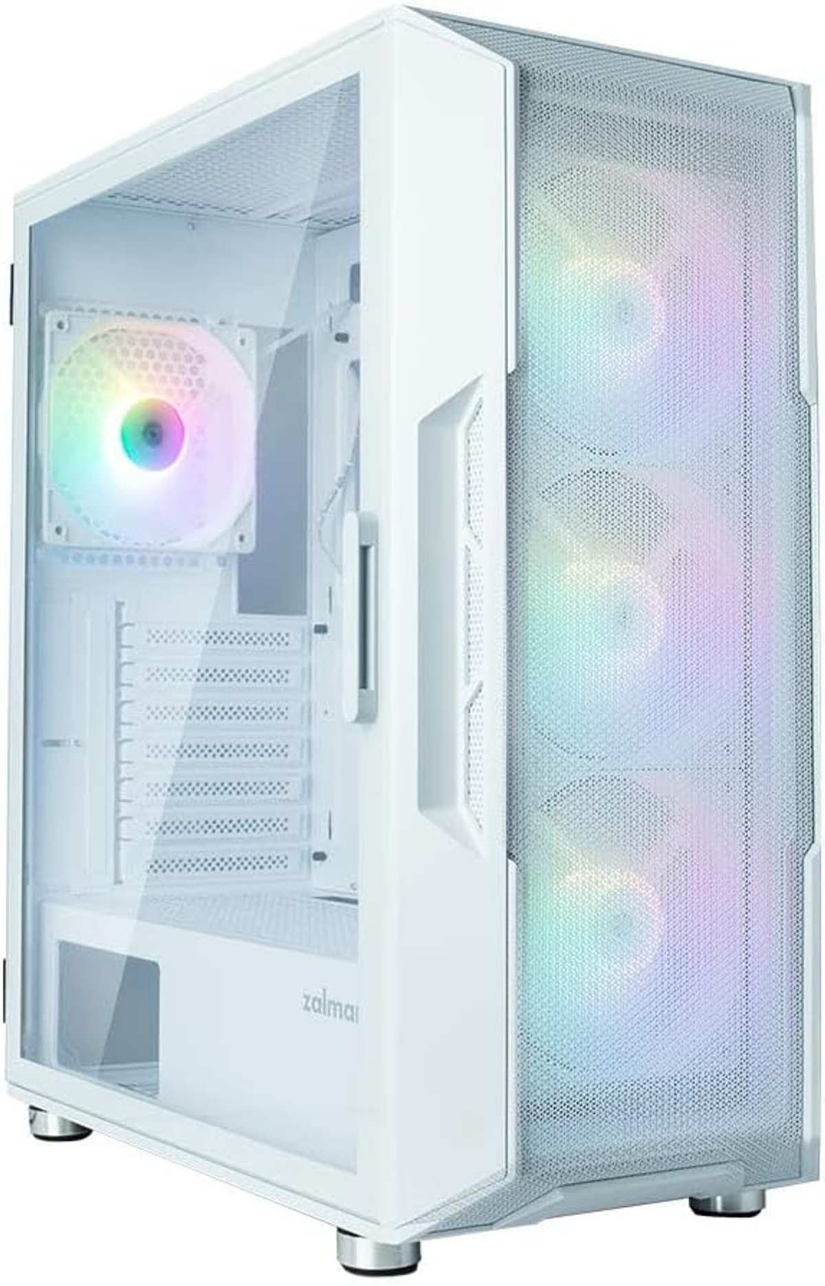 Ein weißes Computergehäuse mit Glas-Seitenwand. Es hat RGB-Lüfter und eine Mesh-Frontplatte. Ein Lüfter ist sichtbar.