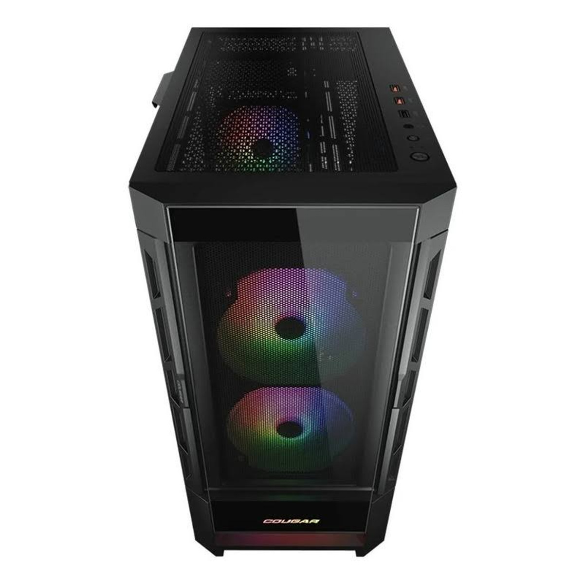 Czarna obudowa komputera z szklanym panelem przednim. Z przodu widoczne są wentylatory RGB.