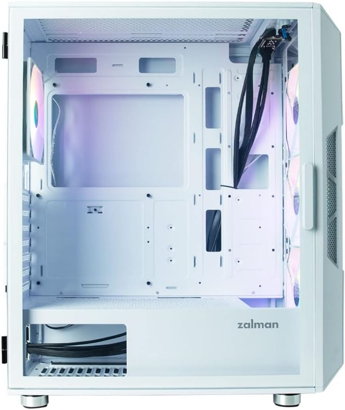 Weißes PC-Gehäuse-Innenteil mit Komponenten und Verkabelung, mit Glas-Seitenwand.