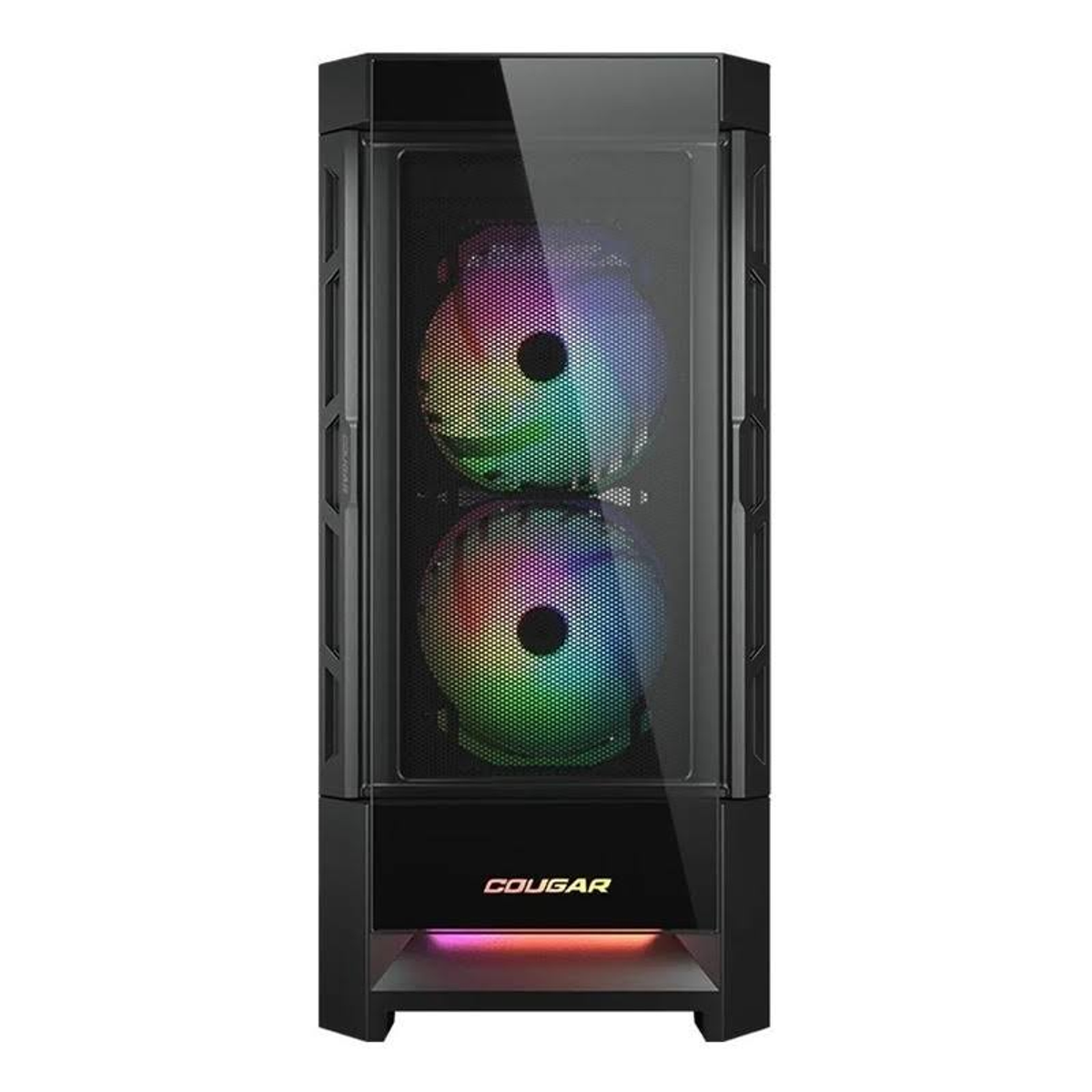 Czarna obudowa PC ze szklanym panelem, dwoma wentylatorami RGB i logo Cougar. Widok z przodu.