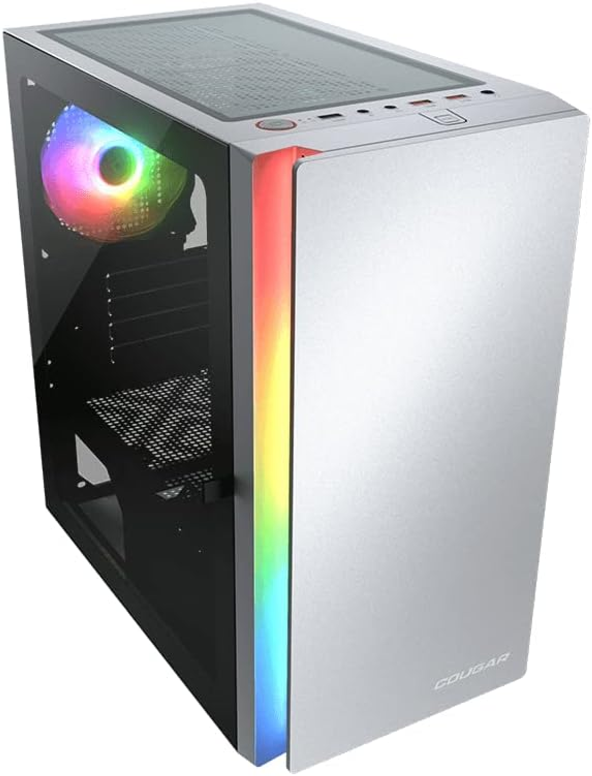 Srebrna obudowa komputera ze szklanym panelem bocznym. Posiada pasek świetlny RGB i wentylator.