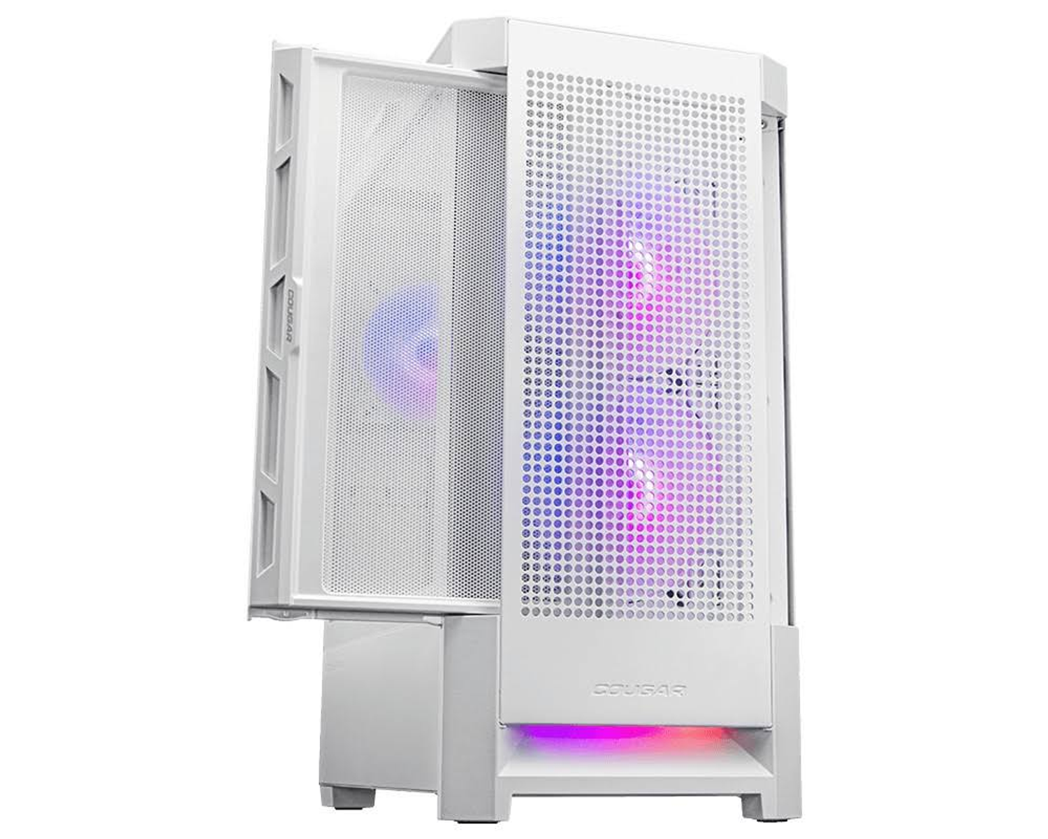 Biała obudowa komputera z otwartymi drzwiami z siatki, pokazująca wentylatory z oświetleniem RGB.