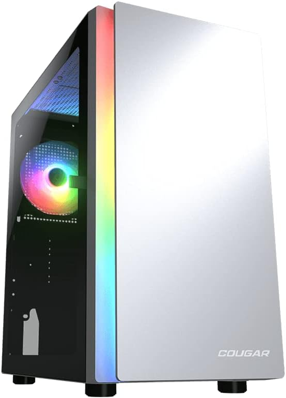 Biała obudowa PC ze szklanym bokiem i oświetleniem RGB z przodu. Czarne akcenty.