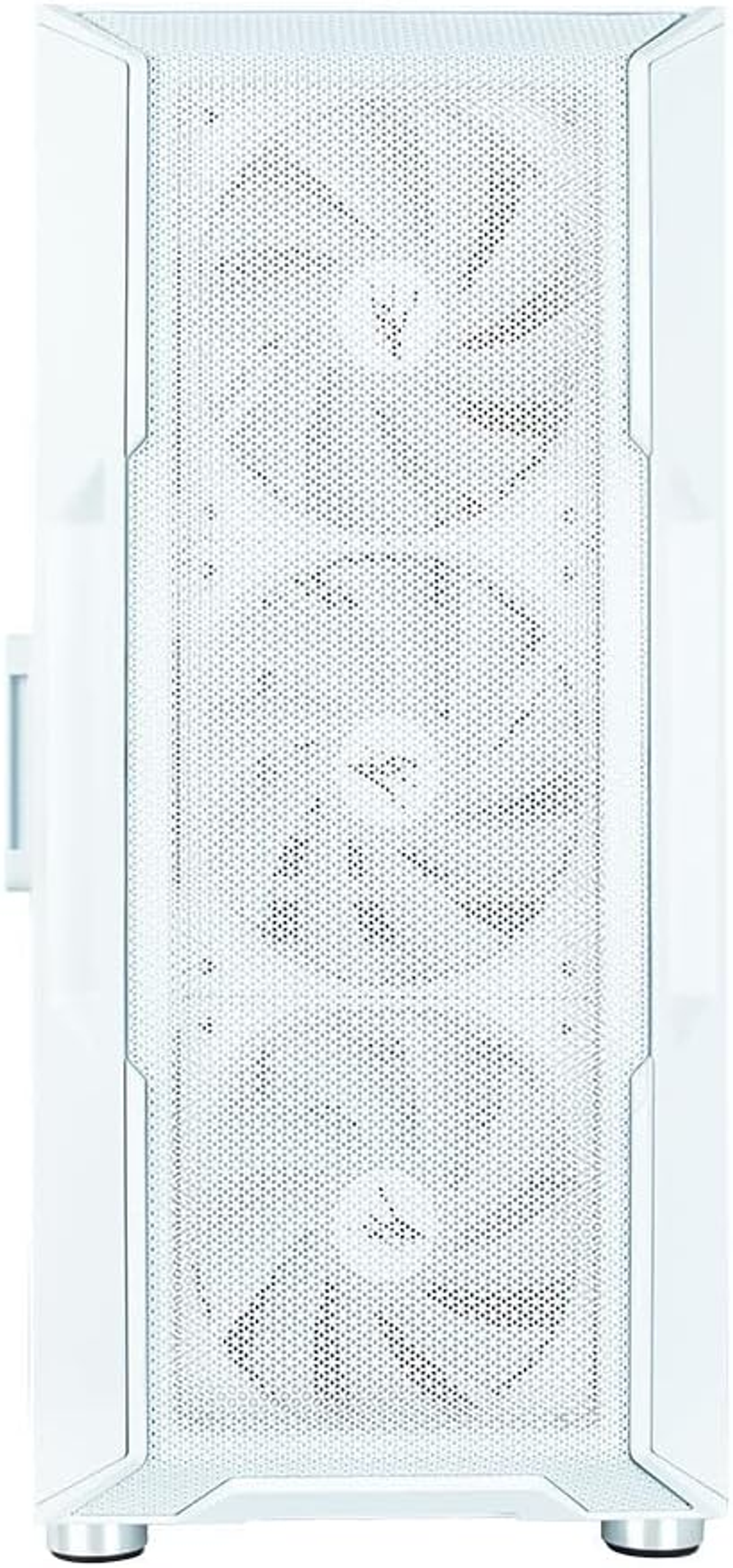 Ein weißes Computergehäuse mit einem Mesh-Frontpanel. Durch das Mesh sind drei Lüfter sichtbar.