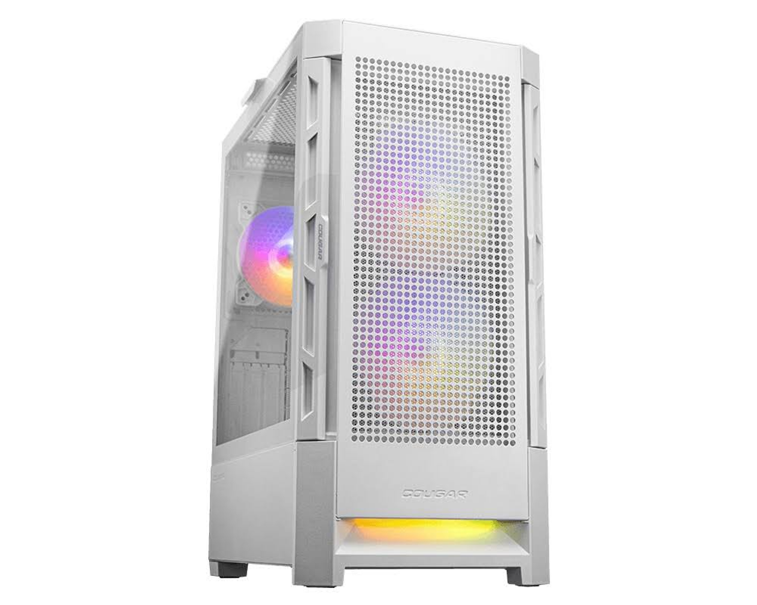 Biała obudowa PC ze szkłem i siatką. Widoczne wentylatory przednie z oświetleniem RGB.