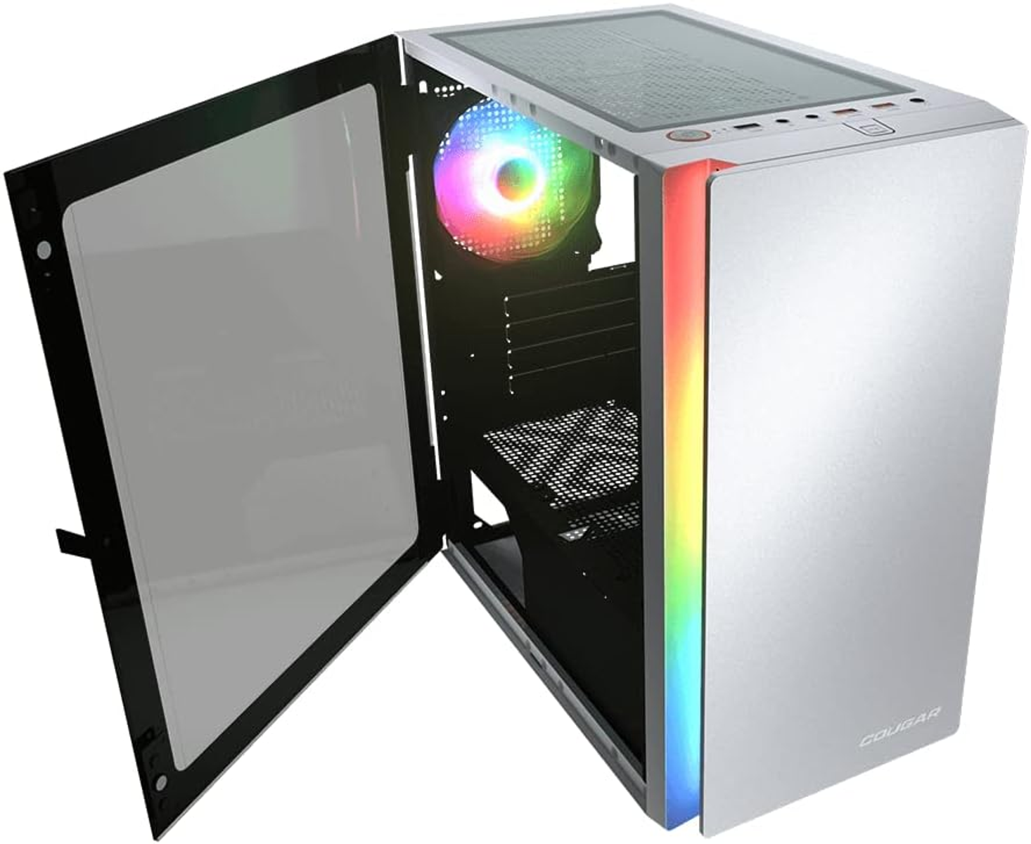 Srebrna obudowa PC, otwarty szklany panel boczny, widoczny wentylator RGB i logo Cougar.