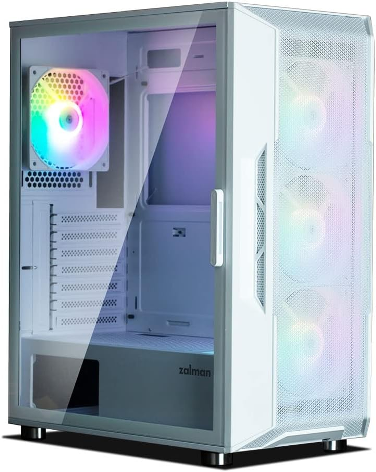 Weißes PC-Gehäuse mit Glas-Seitenwand, RGB-Lüftern und Zalman-Logo. Das Gehäuse ist geöffnet.