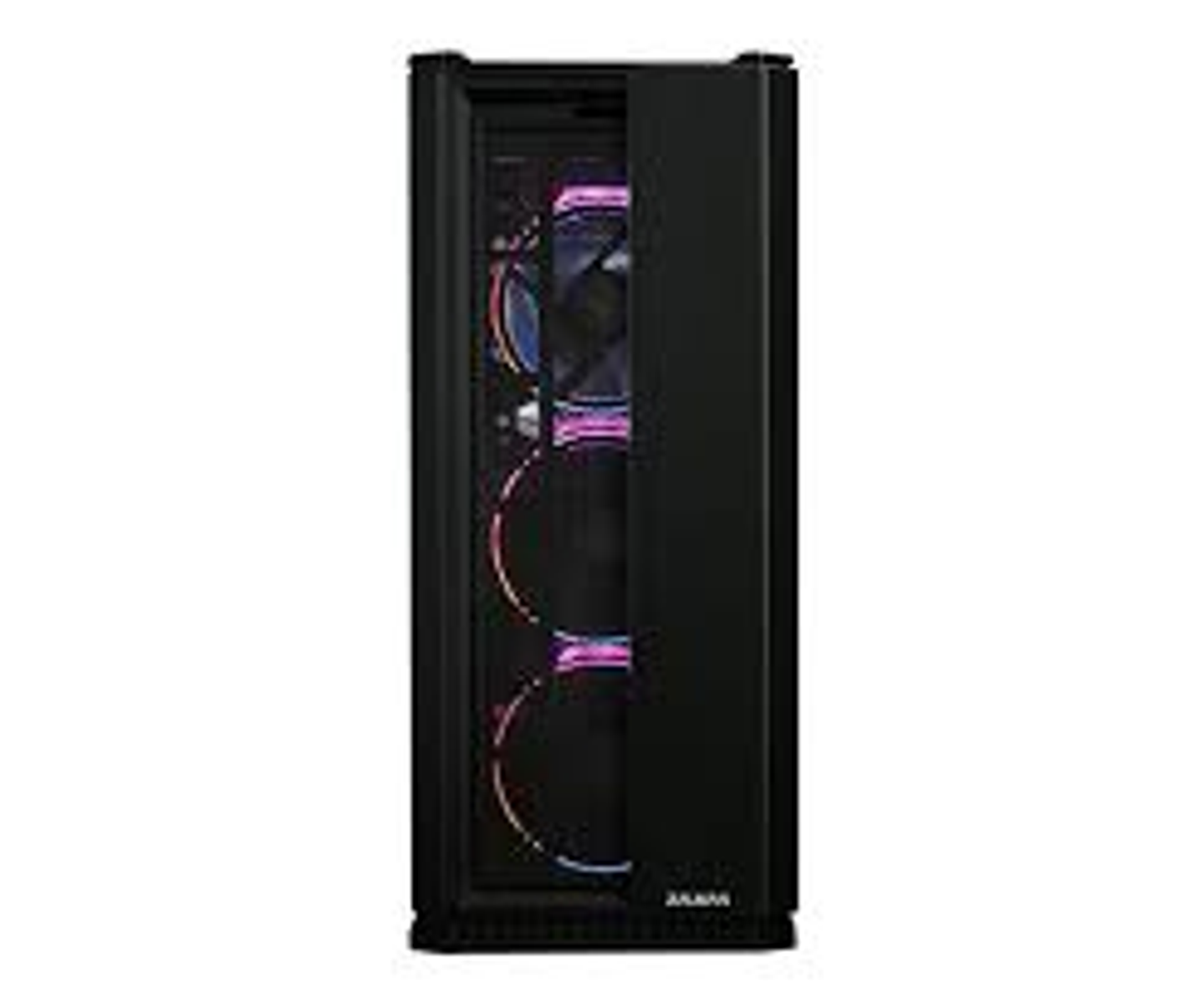 Black computer case with a glass side. Interior has fans with colored lighting.