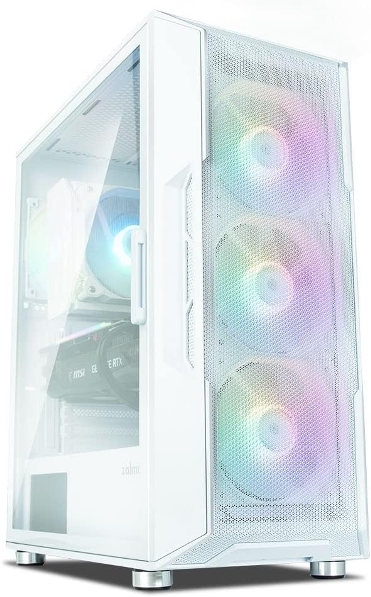 Weißes PC-Gehäuse mit Glasplatte, interne Komponenten und drei RGB-Lüfter sichtbar.