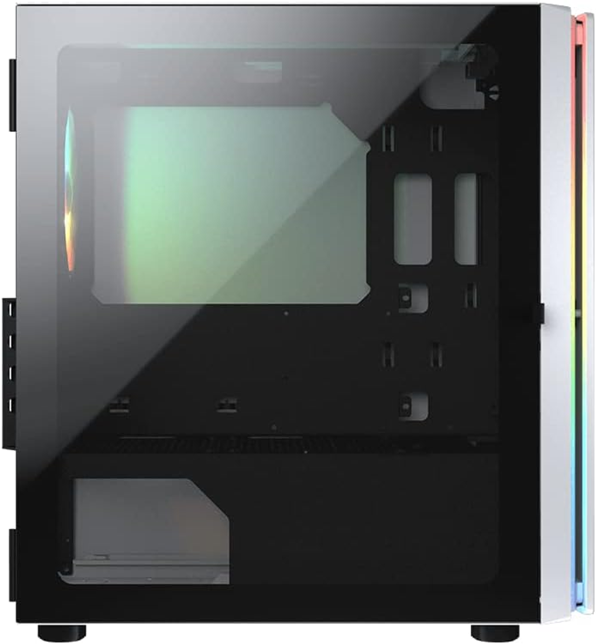 Obudowa komputera z bocznym panelem ze szkła. Widoczne jest czarne wnętrze. Obudowa jest biała i ma światła RGB.