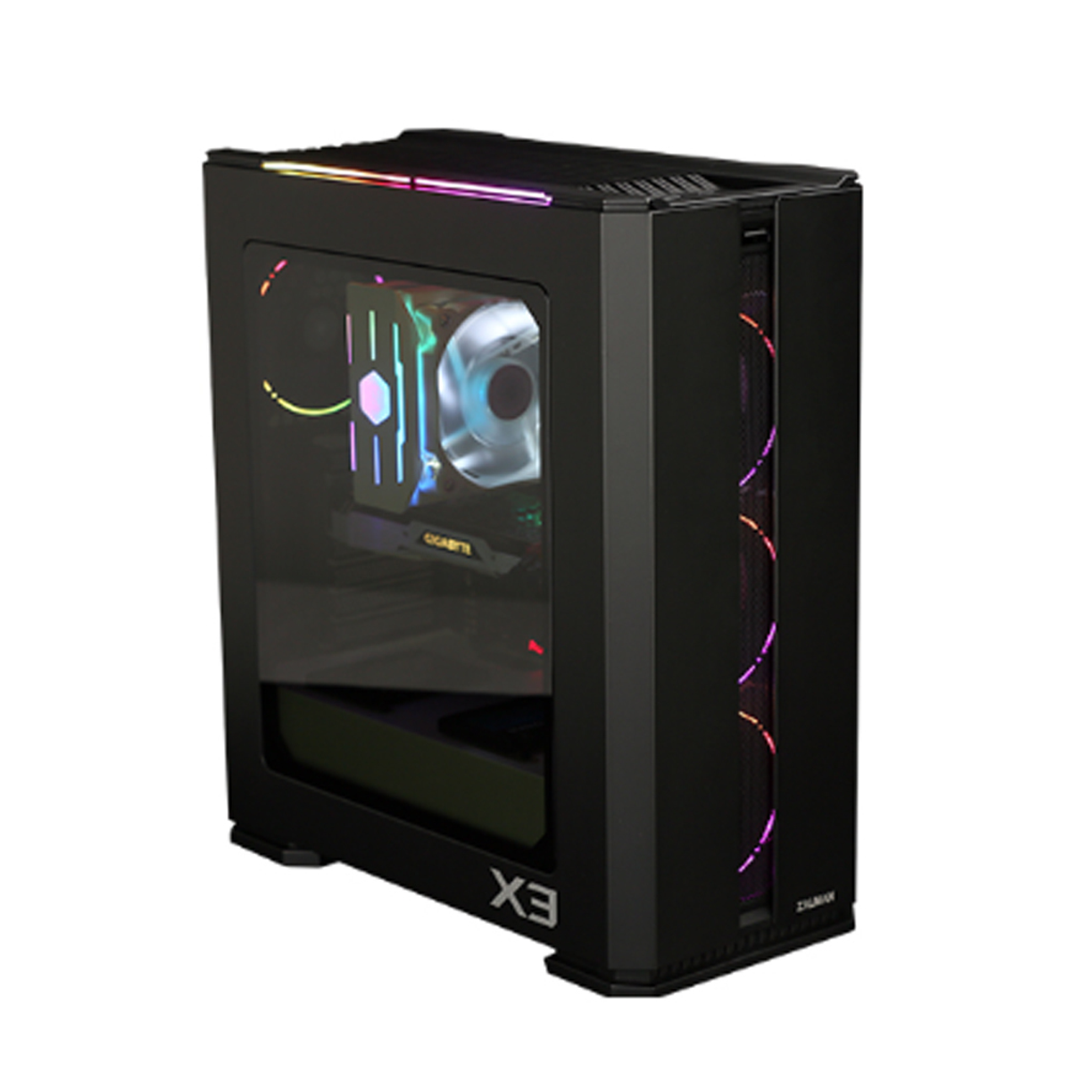 Black PC case with a glass side panel. It features RGB lighting and visible internal components.