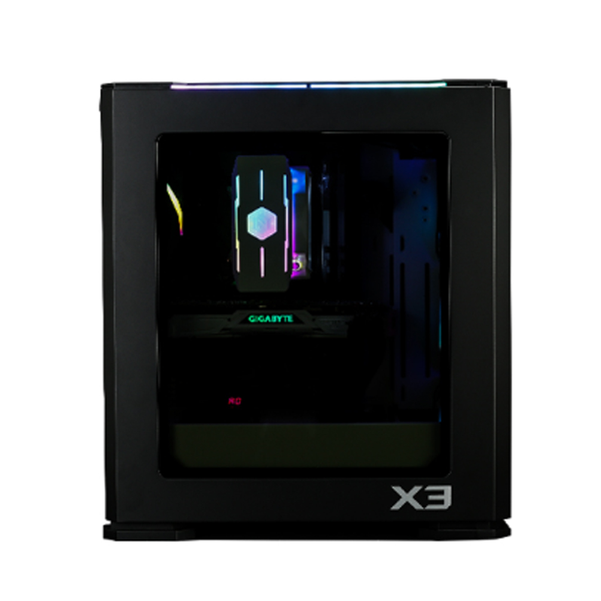 A black mini-ITX PC case with a glass panel, components and RGB lighting are visible.