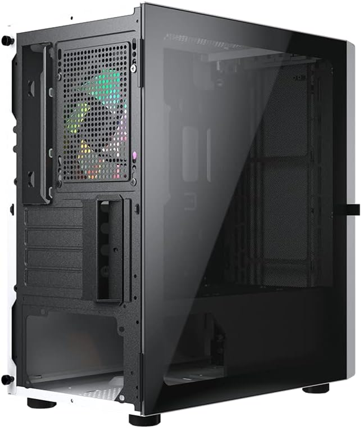 Czarna obudowa PC pokazująca tył i bok. Bok ma szklany panel.