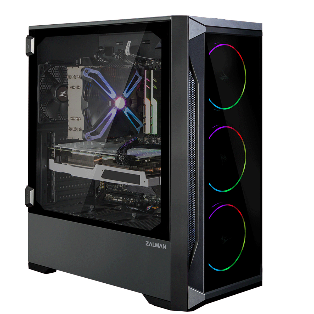 Boîtier PC Zalman noir avec vitre latérale. Composants visibles : ventirad CPU, GPU et ventilateurs RVB.