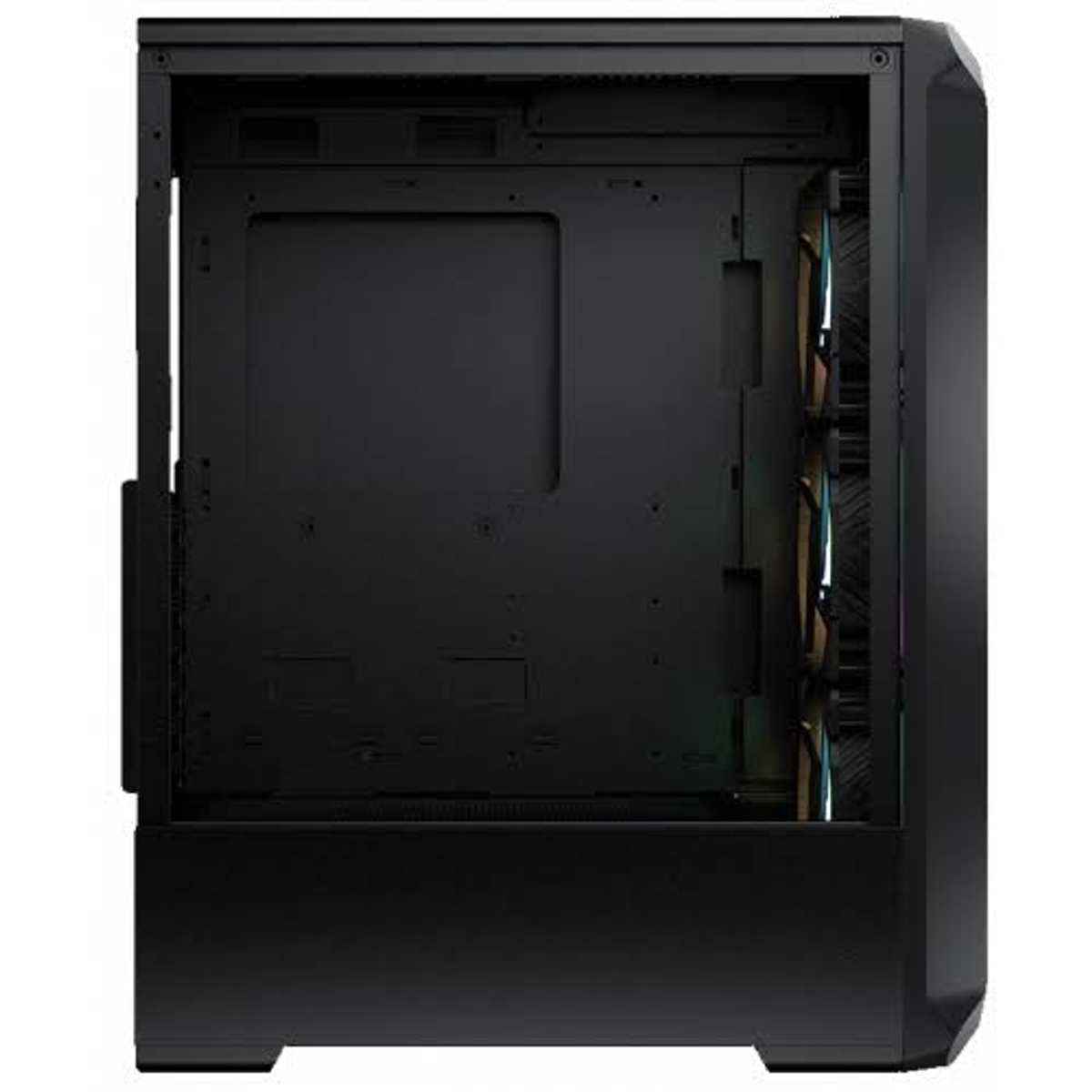 Case PC nero, che mostra l'interno con spazio per i componenti e ventole con luci RGB.
