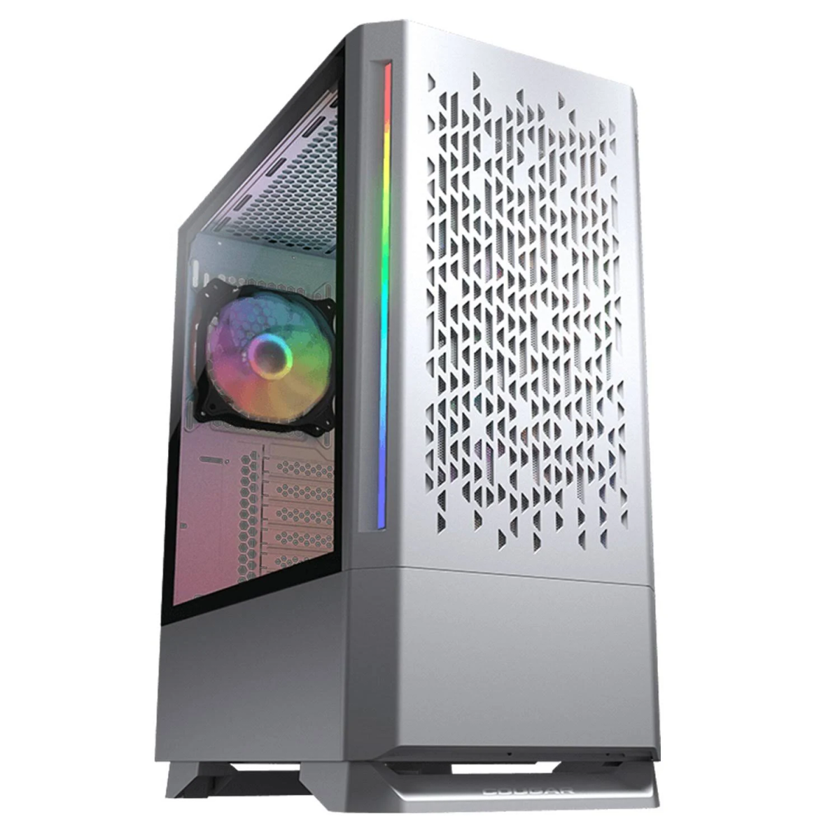 Case PC argentato con pannello laterale in vetro, ventola RGB e logo Cougar. Pannello frontale perforato.