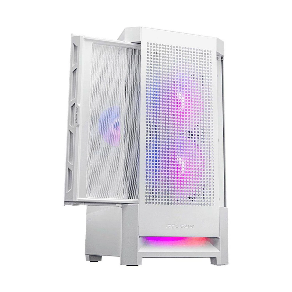 Biała obudowa PC z otwartymi drzwiami z siatki. Widoczne wentylatory RGB. Logo Cougar z przodu.