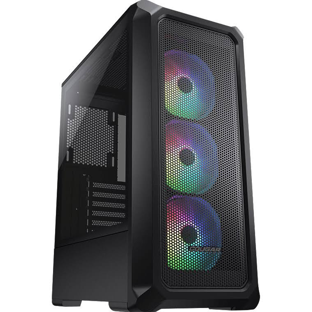 Case per computer nero con frontale a rete e tre ventole RGB. Logo Cougar in basso.