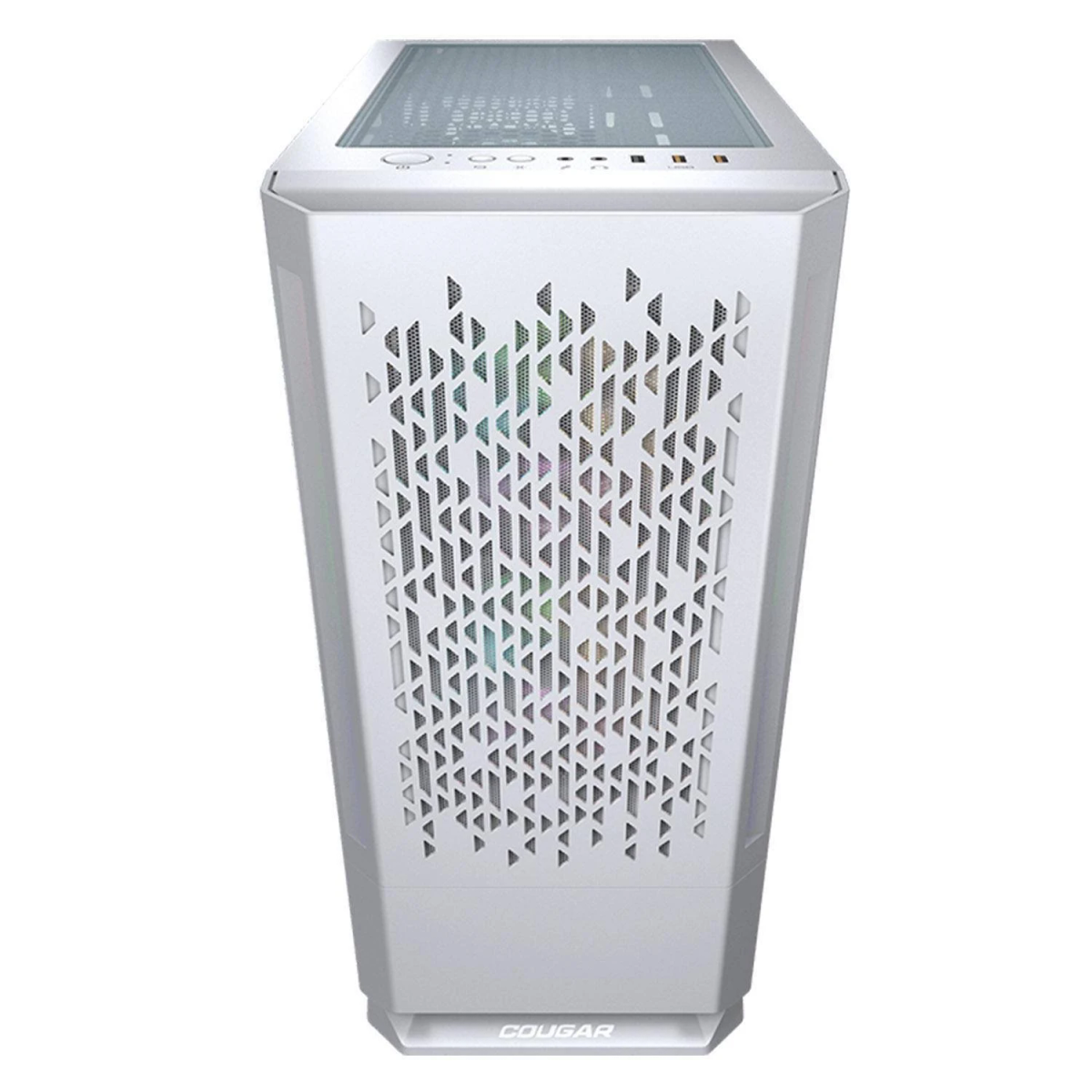 Case per computer bianco con pannello frontale a motivi. Ha un piano in vetro.