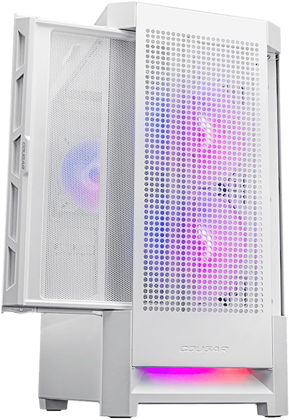 Biała obudowa komputera z otwartym panelem bocznym. Siatkowy przód z wentylatorami RGB. Logo Cougar.