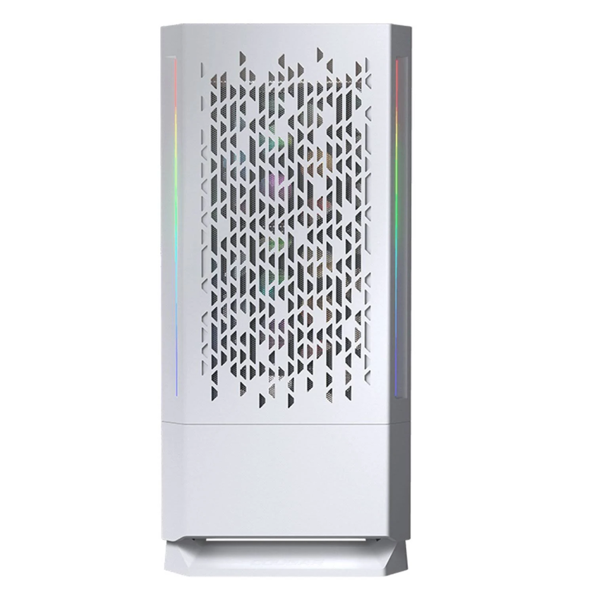 Case per computer bianco con strisce RGB verticali. Pannello frontale a rete e bordi angolati.