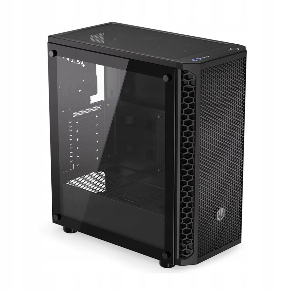 Czarna obudowa PC z bocznym szkłem i przednią siatką. Czarna obudowa PC.