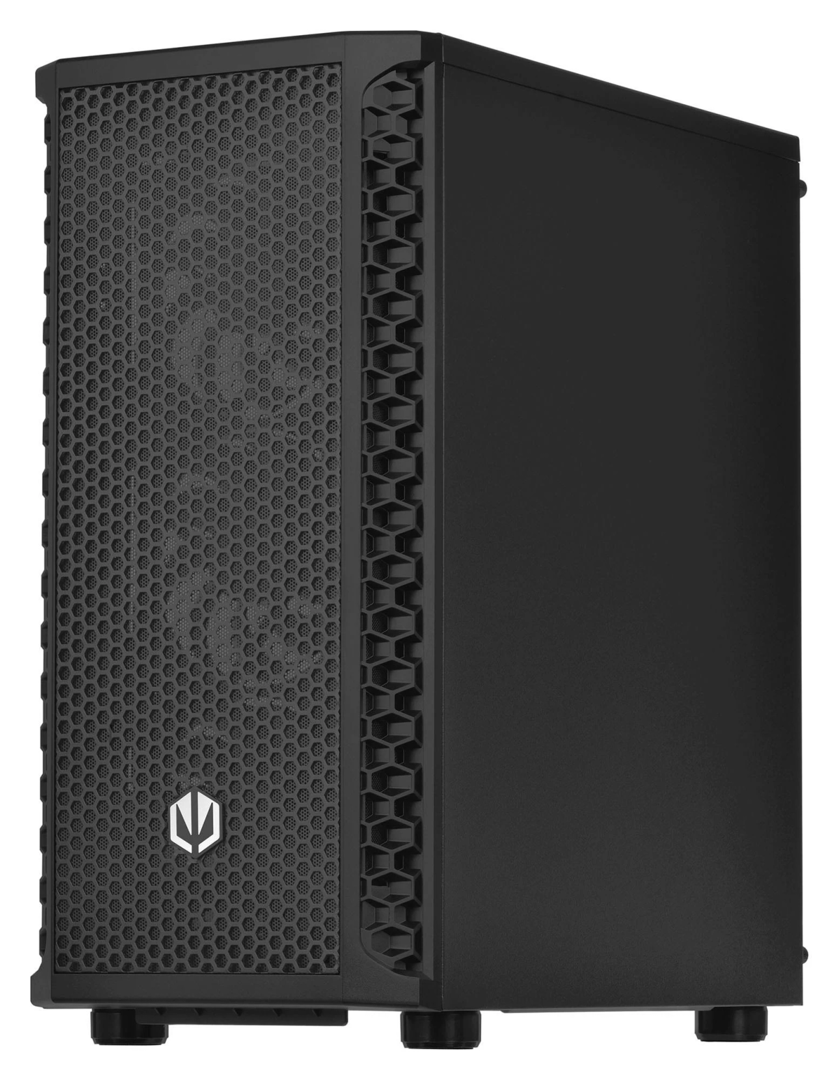 Czarna obudowa PC z przednim i bocznym panelem o strukturze plastra miodu, z logo marki.