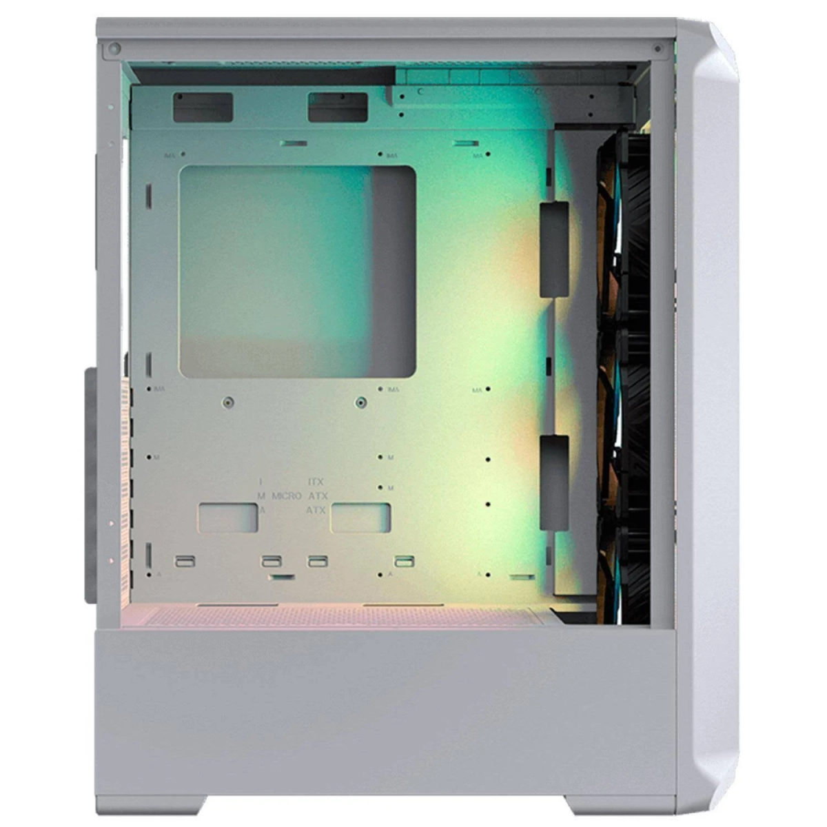 Witte pc-kast interieur met montagepunten, en ruimte voor componenten. Ventilatoren met RGB-verlichting.