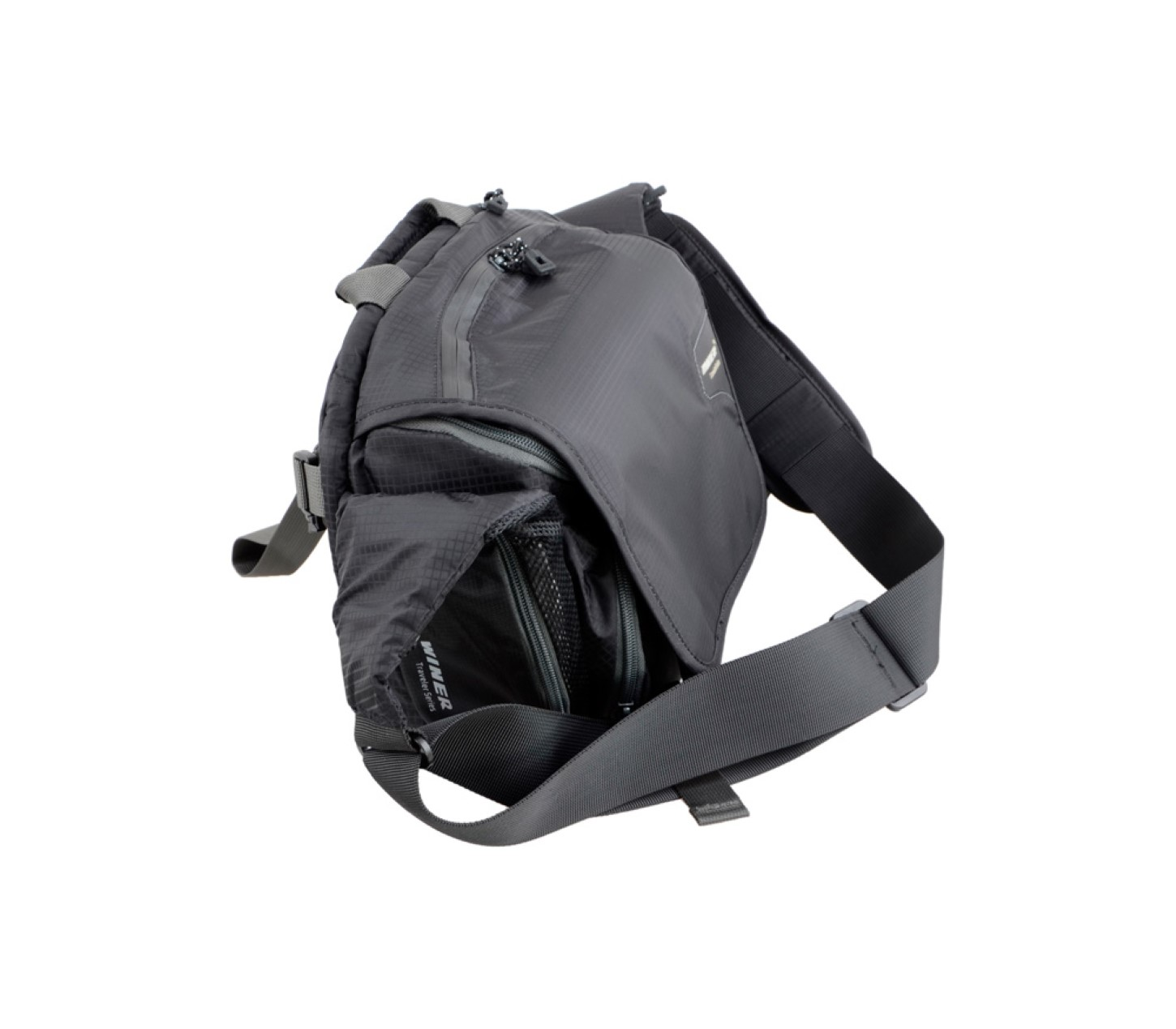 Eine schwarze Tasche mit mehreren Fächern auf weißem Hintergrund, geöffnet, um das Innere zu zeigen.