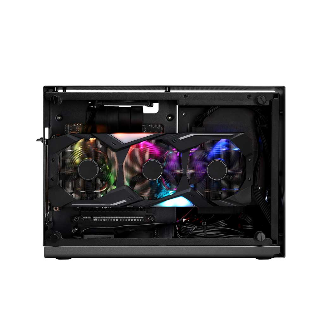 Intérieur du boîtier PC avec carte graphique. Les ventilateurs affichent des couleurs arc-en-ciel. Cadre noir.