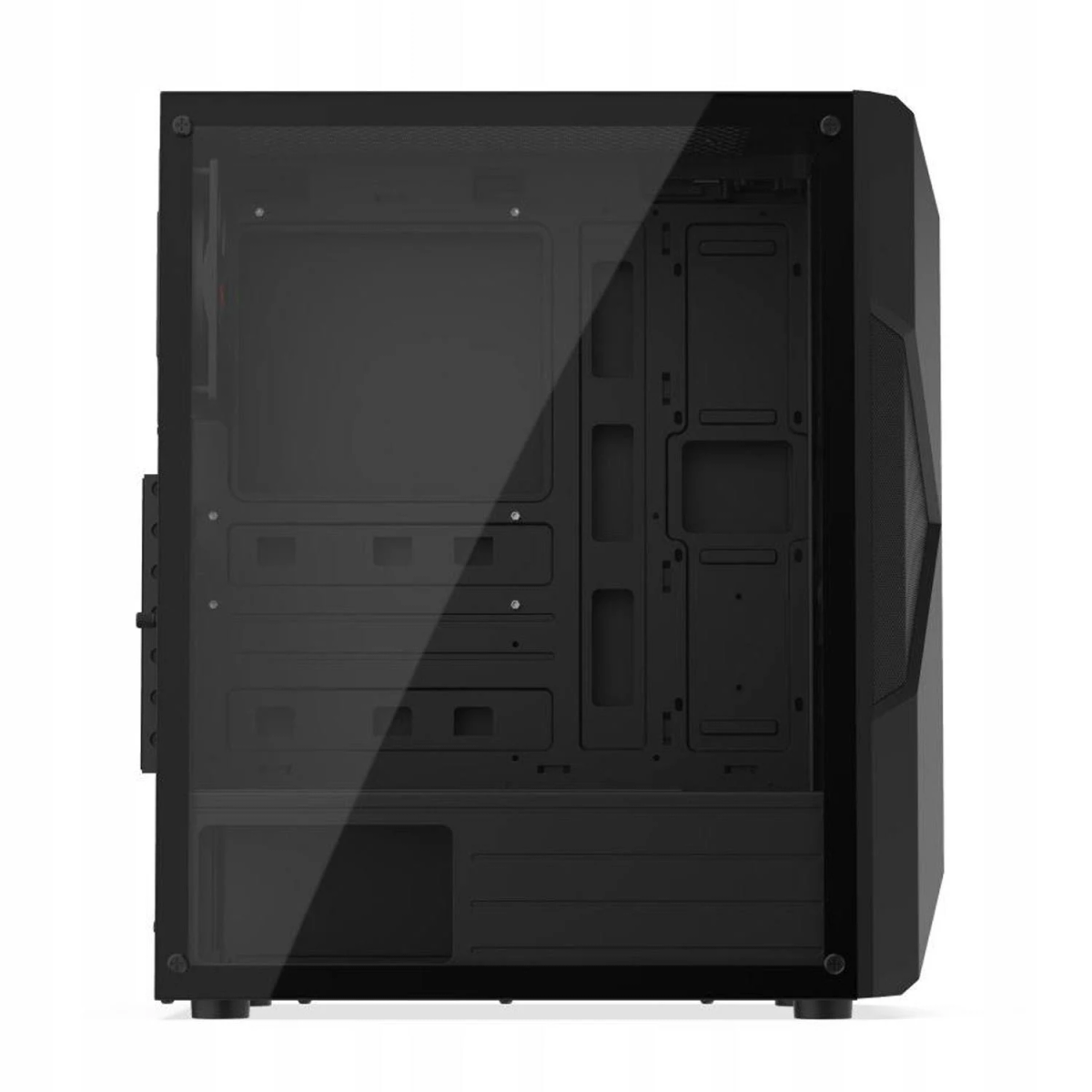 Wnętrze czarnej obudowy komputera. Pusta przestrzeń z widocznymi punktami montażowymi i komponentami.