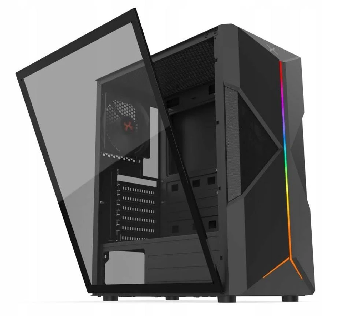 Czarna obudowa PC z otwartym szklanym panelem bocznym. Wentylator RGB widoczny w środku.