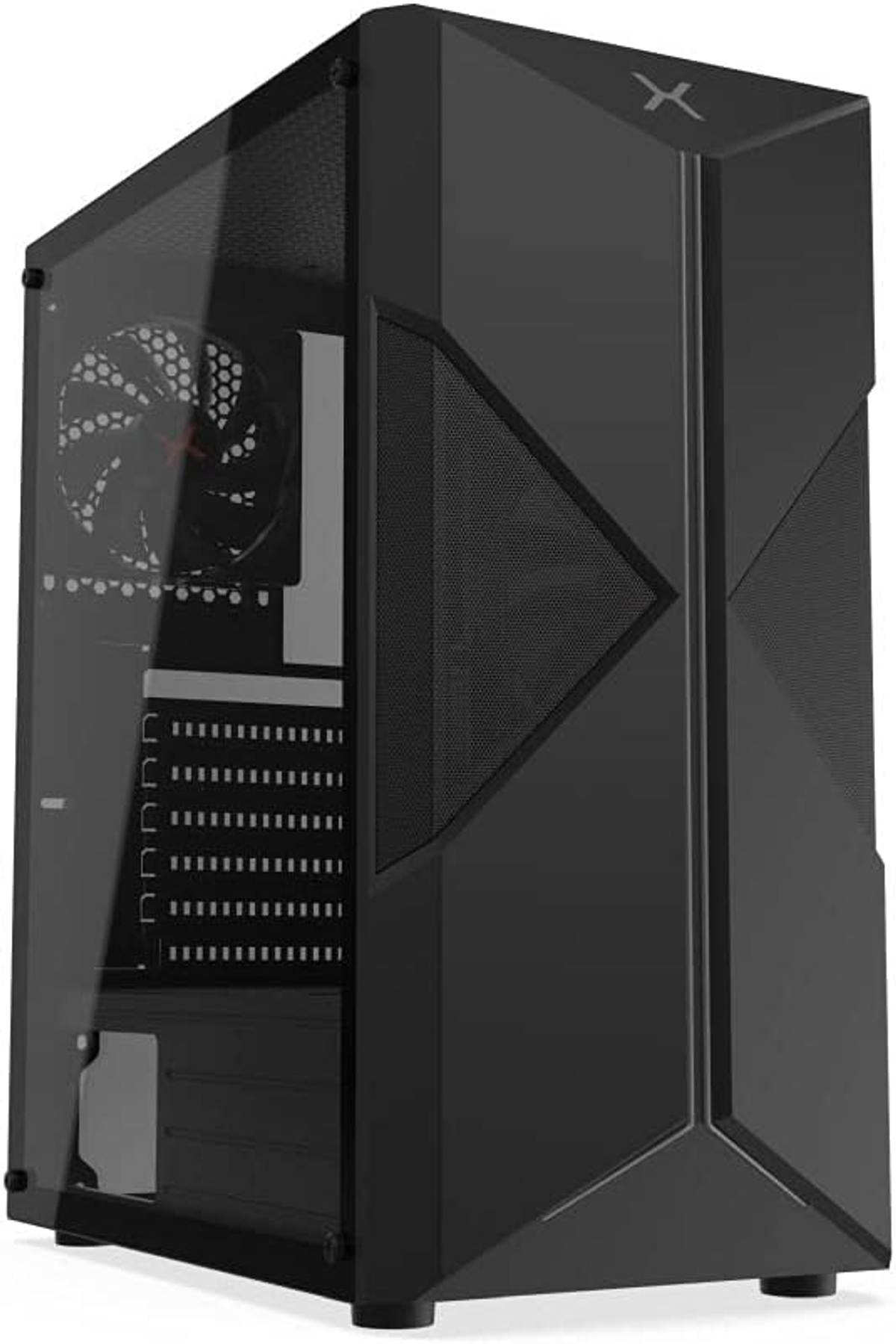 Czarna obudowa PC ze szklanym bokiem i kątowymi elementami konstrukcyjnymi, z logo marki.