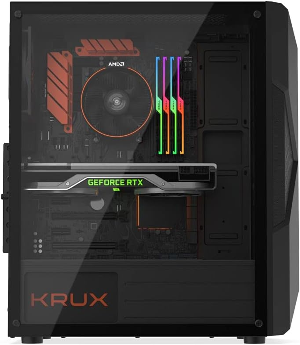 Czarna i pomarańczowa obudowa PC ze szklanym panelem bocznym. Komponenty: GPU, RAM i wentylator.