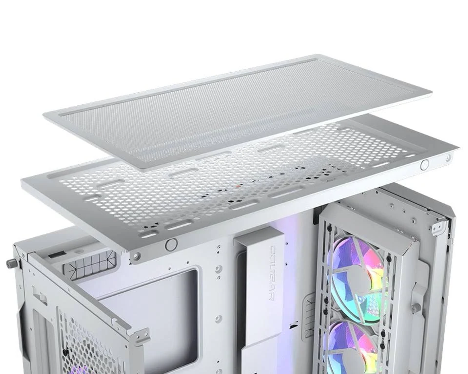 Witte pc-kast met componenten en een afneembaar bovenpaneel, met ventilatie.