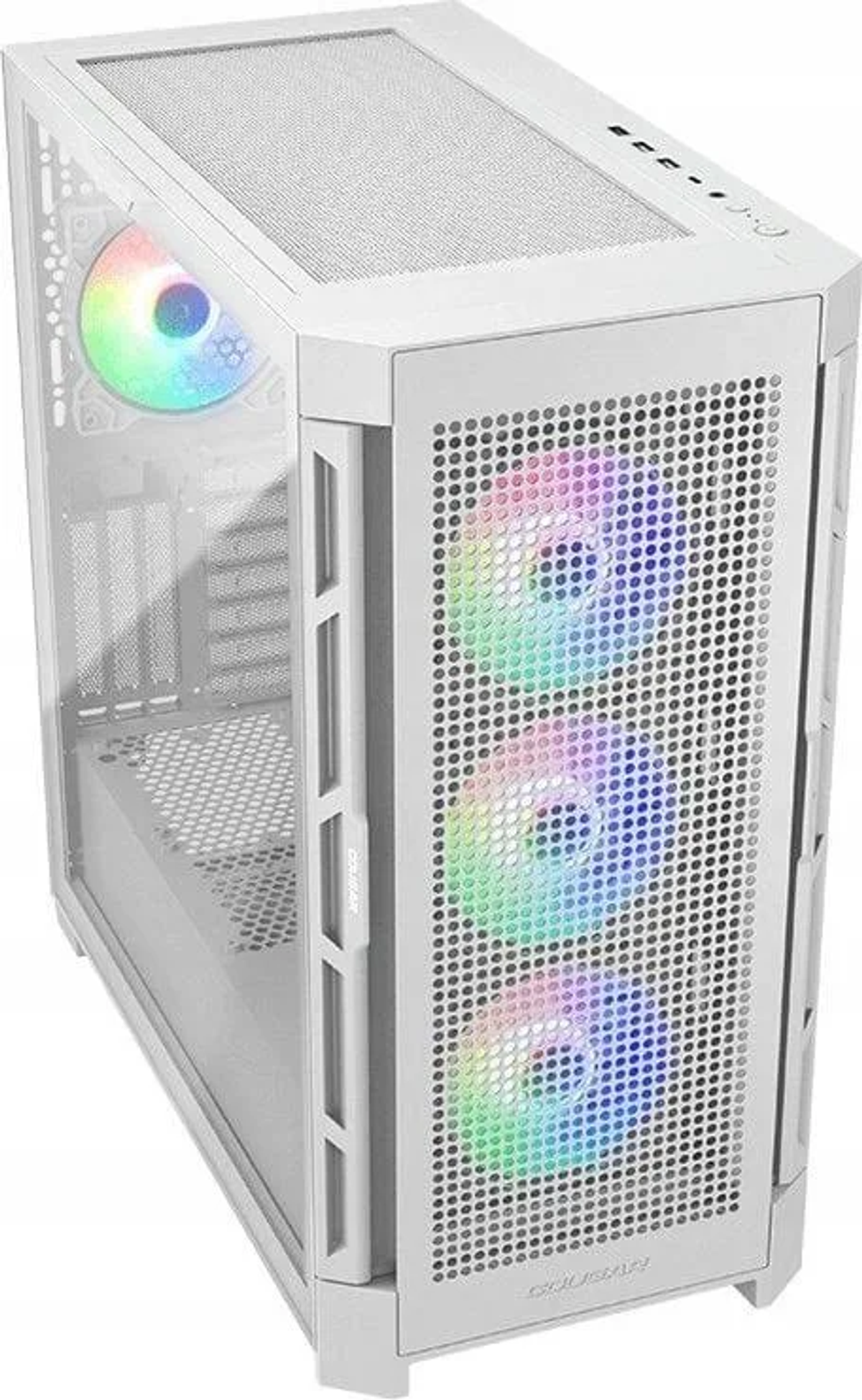 Witte computerkast, schuine weergave, met mesh voorkant en RGB-ventilatoren. Cougar-logo zichtbaar.