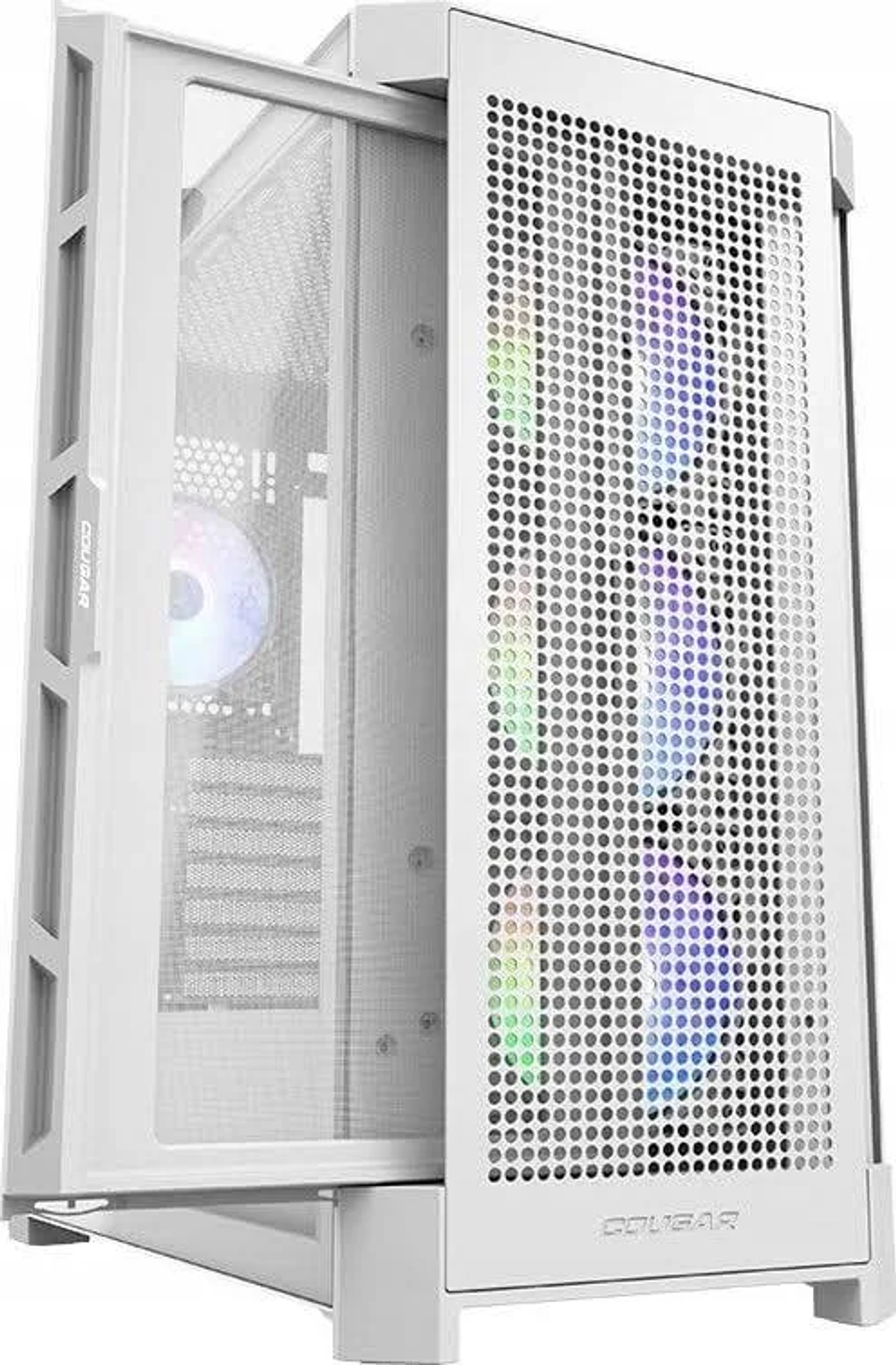 Witte computerkast met glazen zijpaneel en RGB-ventilatoren. Open voorpaneel.