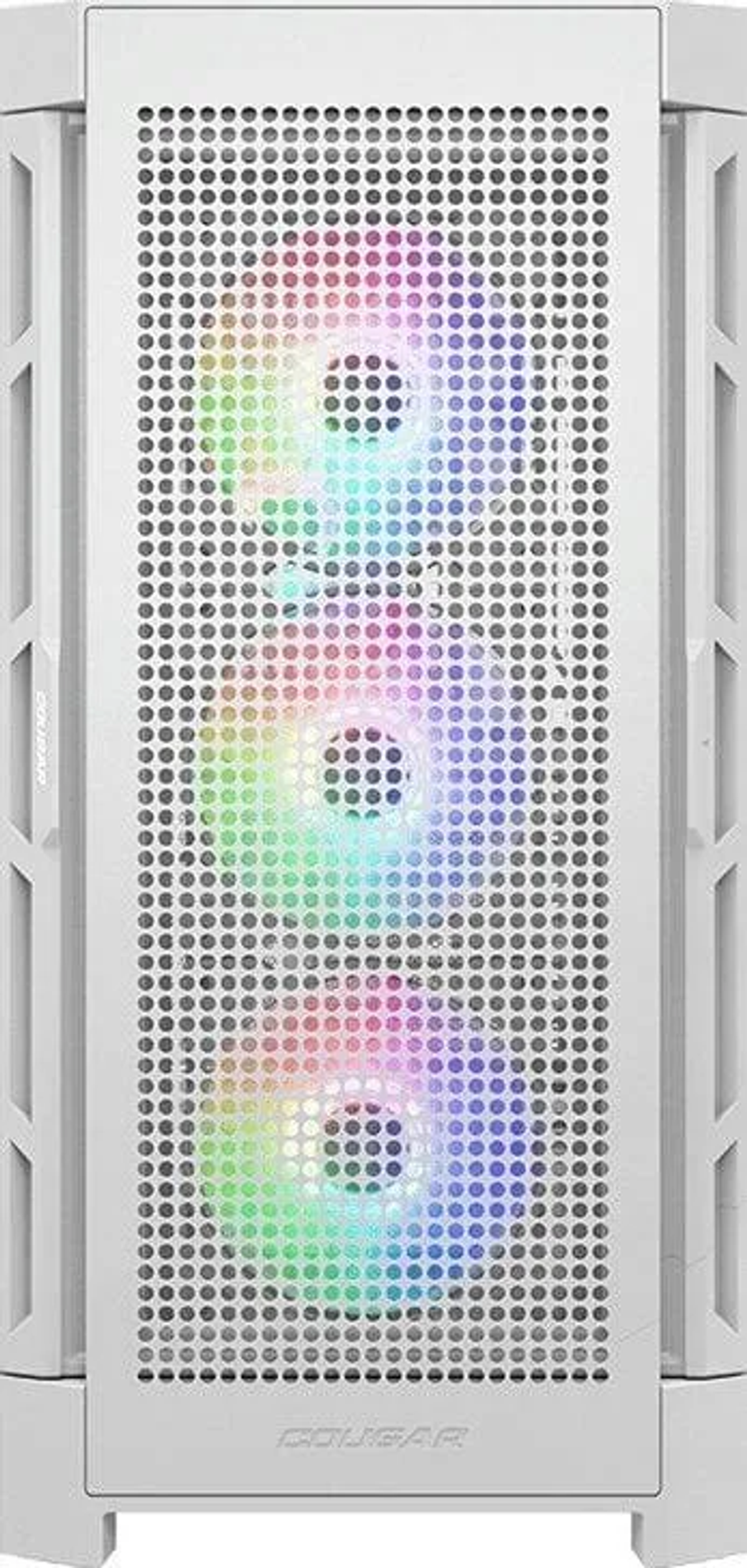 Witte computerkast. Geperforeerd voorpaneel met zichtbare RGB-verlichting.