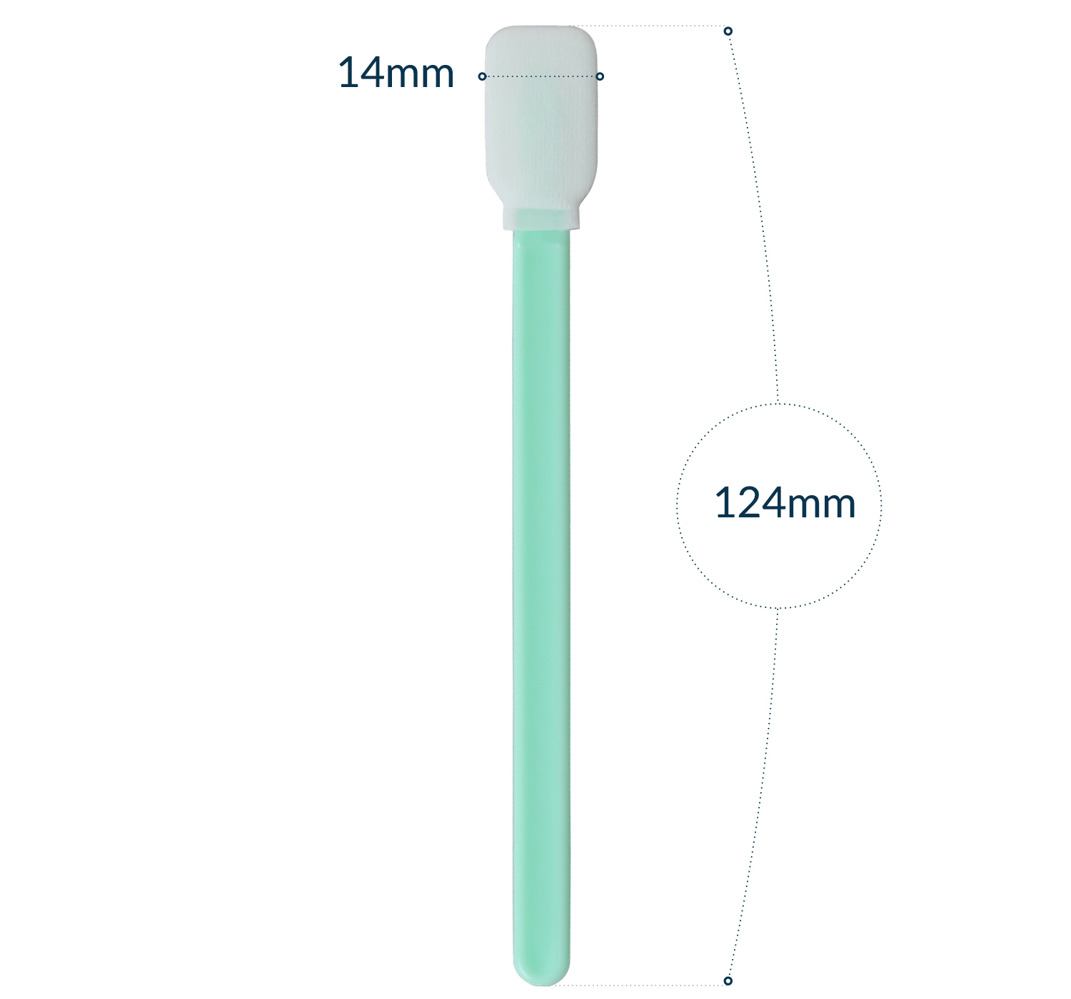 Ein langer, grüner Tupfer mit einem weißen, abgerundeten Kopf. Abmessungen: 14 mm Kopf, 124 mm Länge.