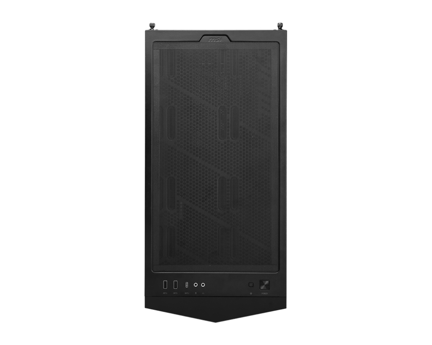 Czarna obudowa komputera z siatkowym przodem i czarną podstawą. Tekst brzmi 'MSI'.