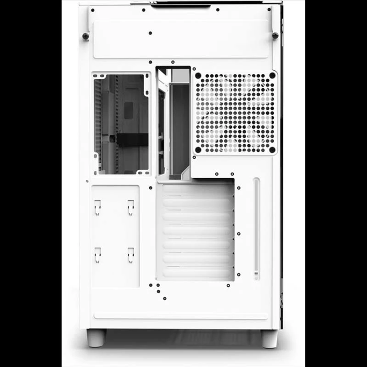 Biała obudowa komputera, pokazująca różne przegrody, otwory i panel z siatki.