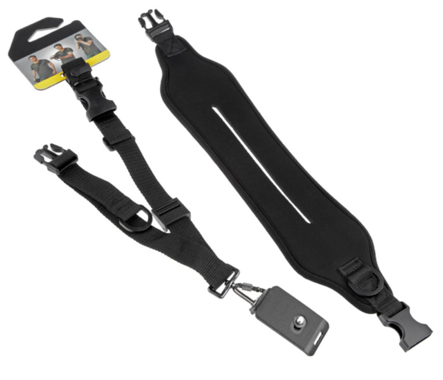 Schwarzer Kameragurt mit gepolstertem Abschnitt und Clip, plus Anhängeetikett mit Bildern.