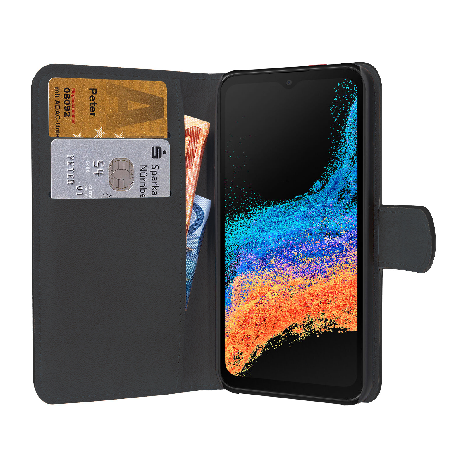 Custodia del telefono aperta con telefono. Carte e denaro all'interno. Schermo con immagine astratta.