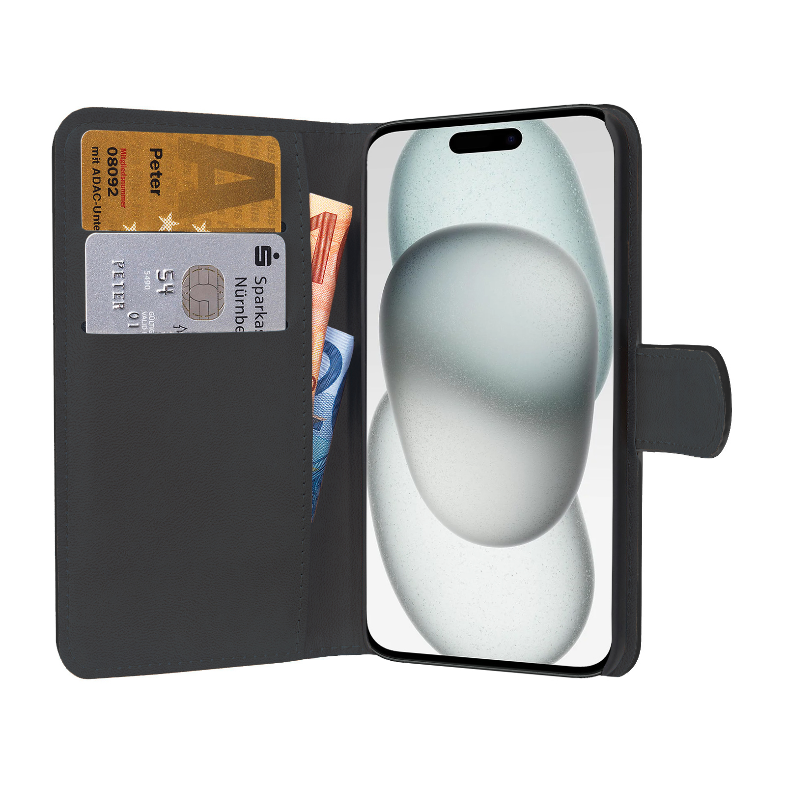 Geöffnete schwarze Handyhülle mit Karten und Bargeld, Telefon rechts mit hellfarbigem Bild.
